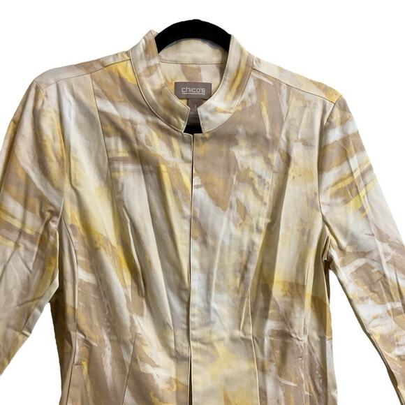 Chico's Open Front Jacket Sz 1 (8) Abstract Watercolor Print Yellow Tan Career - Picture 3 of 8